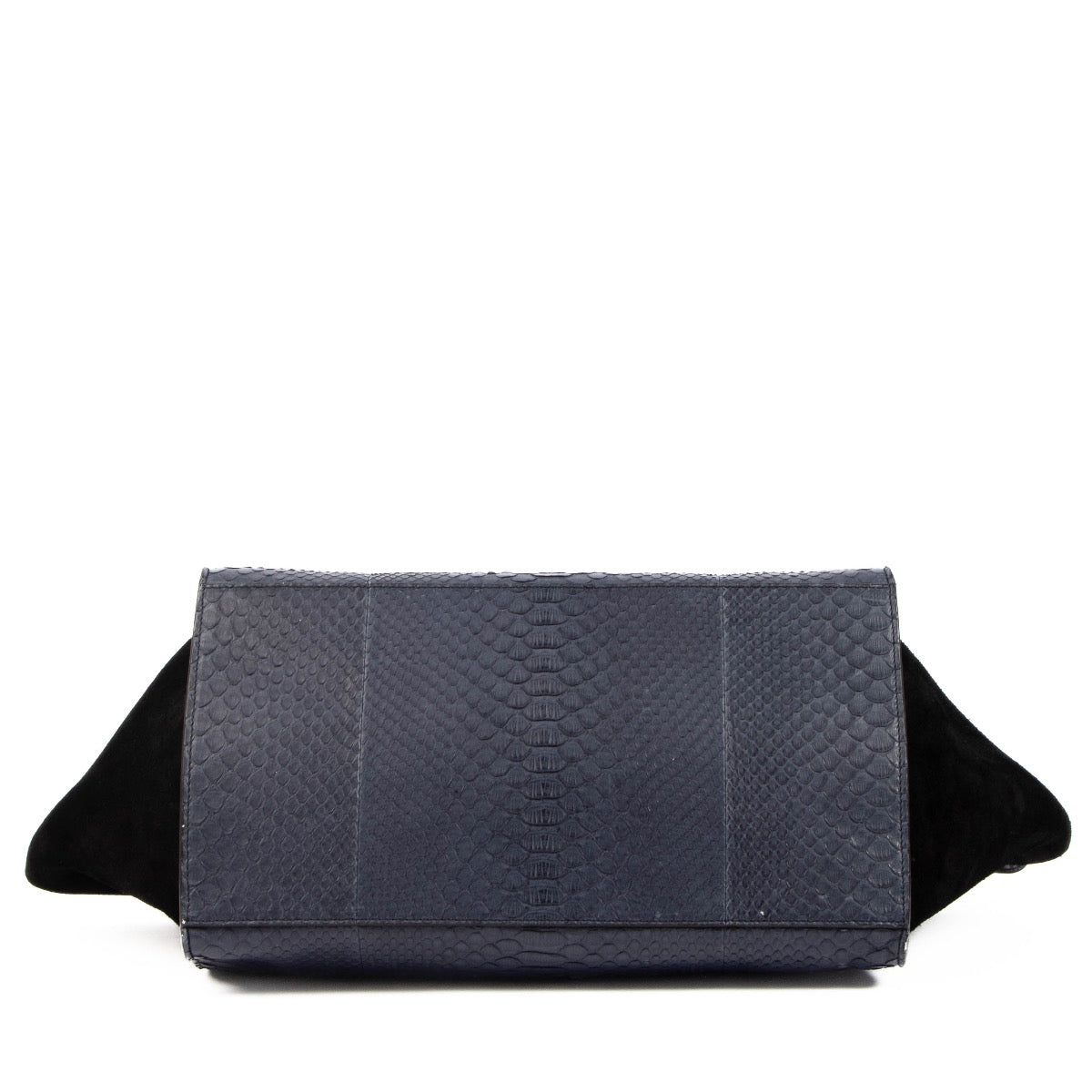 Shop safe online at Labellov in Antwerp, Brussels or Knokke this 100% authentic second hand Celine Blue Python Black Suede Medium Trapeze Bag