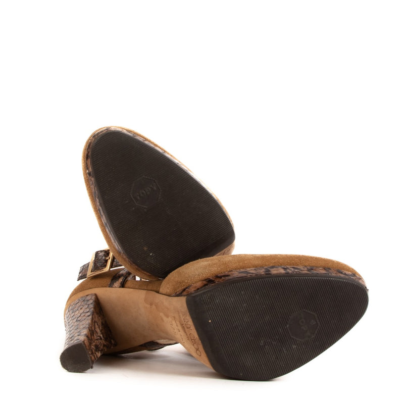 Jimmy Choo Bruine Suede En Python Enkelband Plateaupumps - Maat 37,5