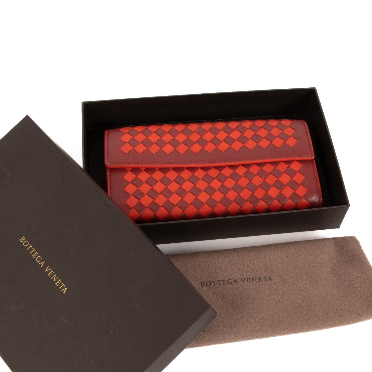 Bottega Veneta Black/Red Intrecciato Leather Flap Wallet