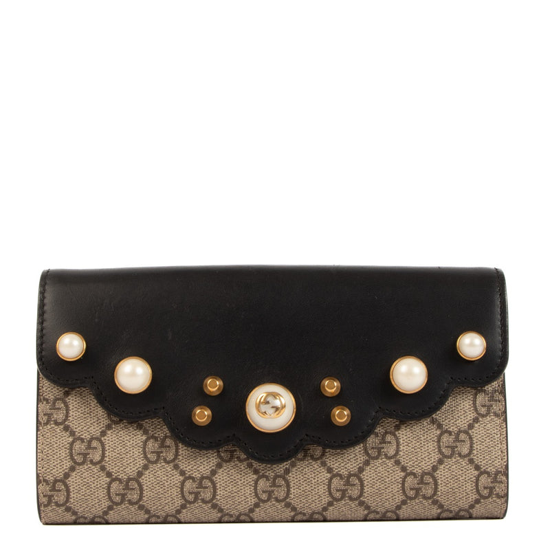 Gucci GG Supreme Pearl Studded Long Flap Wallet