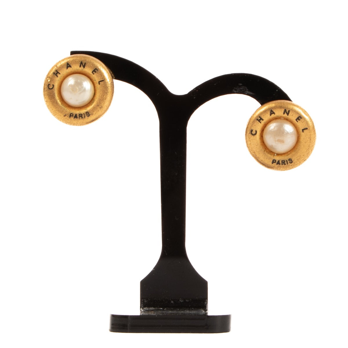 Chanel 94P Gold Pearl Logo Clip On Earrings