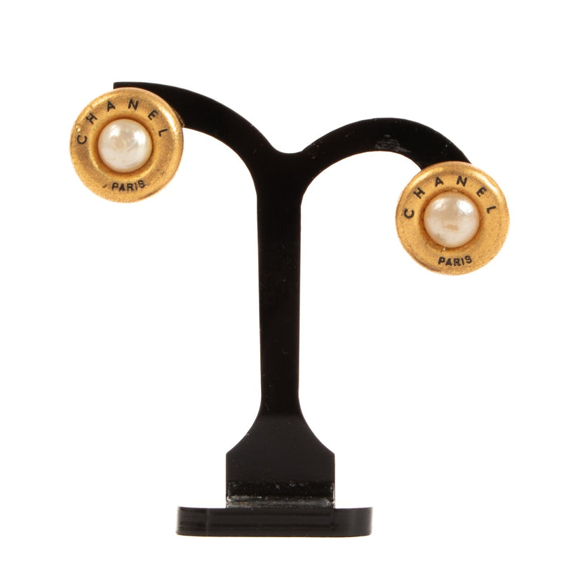 Chanel 94P Gold Pearl Logo Clip On Earrings