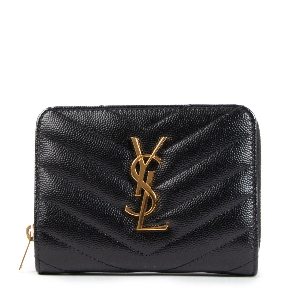Buy an authentic Saint Laurent Black Cassandre Matelassé Compact Zip Around In Grain de Poudre Wallet on LabelLov.com