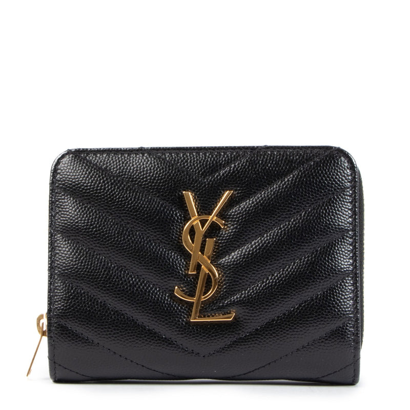 Buy an authentic Saint Laurent Black Cassandre Matelassé Compact Zip Around In Grain de Poudre Wallet on LabelLov.com