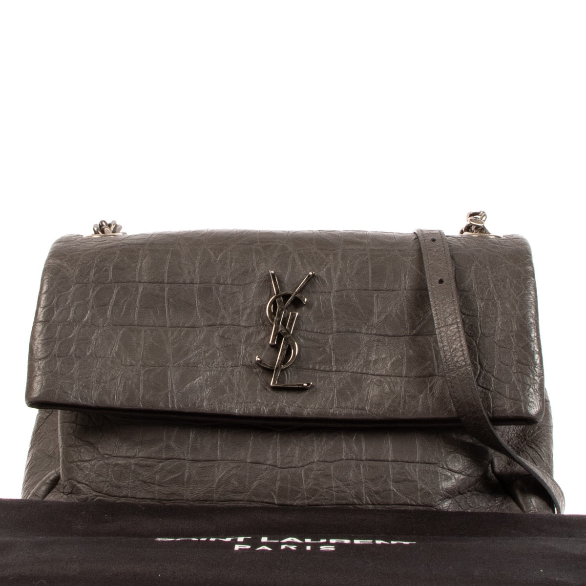 Shop safe online at Labellov in Antwerp, Brussels or Knokke this 100% authentic second hand Saint Laurent Grey Croco Embossed West Hollywood Shoulder Bag