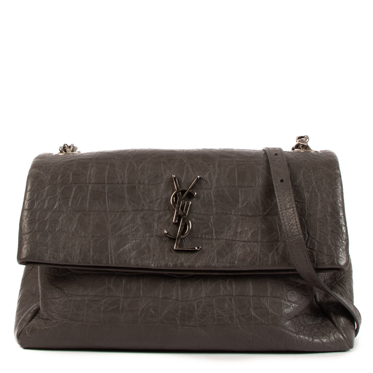 Shop safe online at Labellov in Antwerp, Brussels or Knokke this 100% authentic second hand Saint Laurent Grey Croco Embossed West Hollywood Shoulder Bag