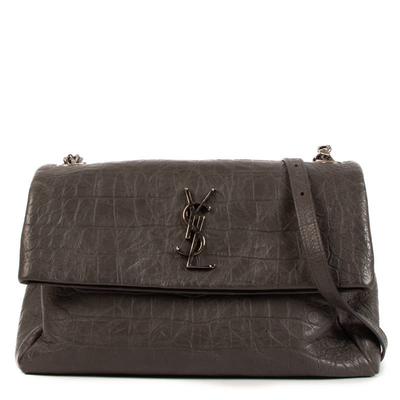 Shop safe online at Labellov in Antwerp, Brussels or Knokke this 100% authentic second hand Saint Laurent Grey Croco Embossed West Hollywood Shoulder Bag