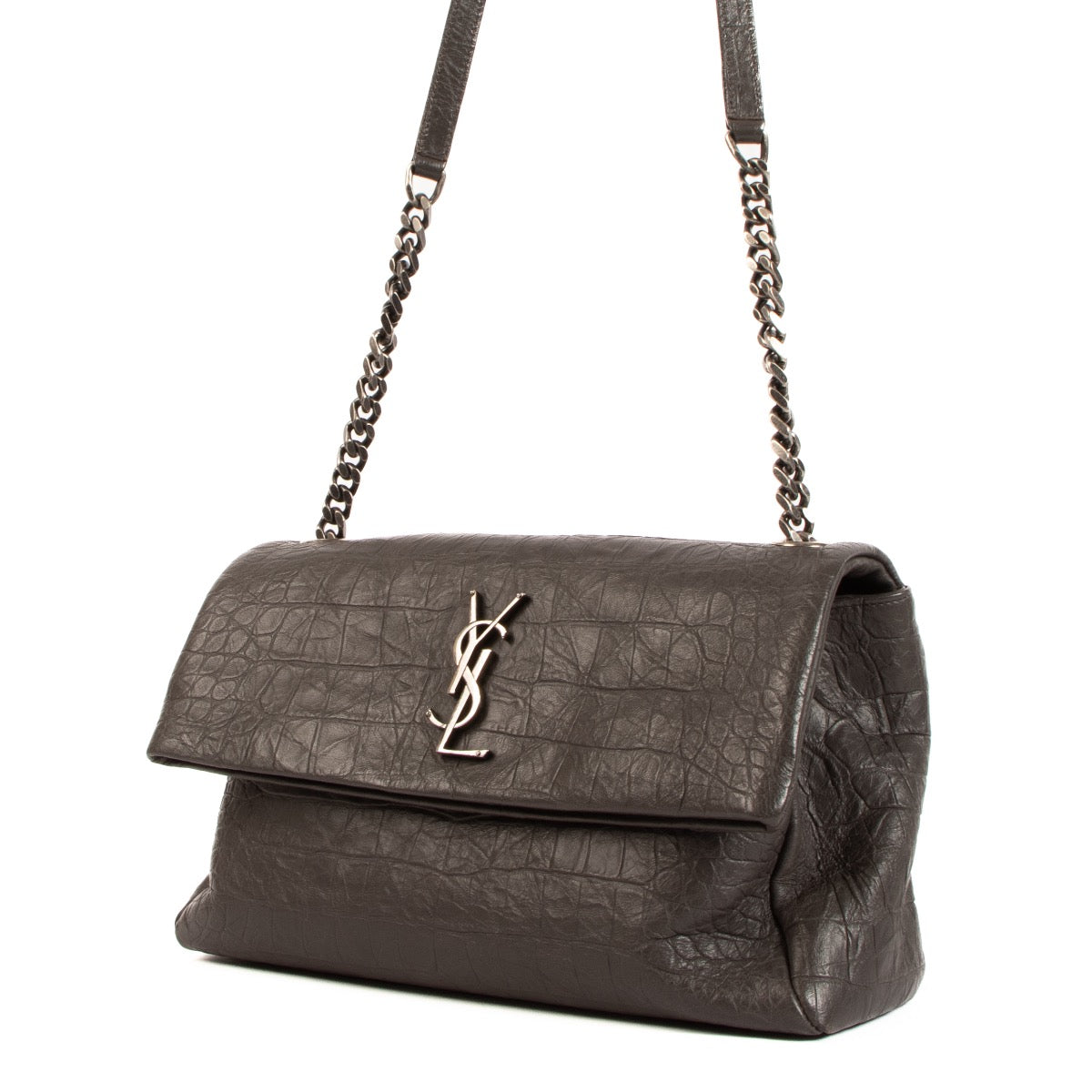 Shop safe online at Labellov in Antwerp, Brussels or Knokke this 100% authentic second hand Saint Laurent Grey Croco Embossed West Hollywood Shoulder Bag