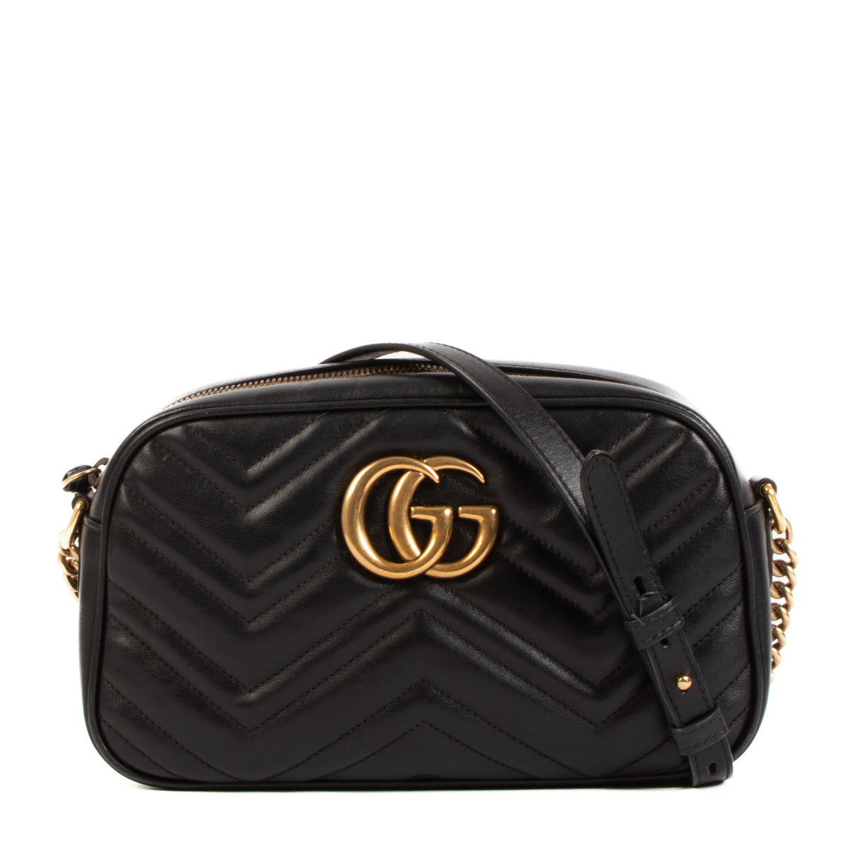 Gucci Black GG Marmont Small Matelassé Shoulder Bag for the best price at Labellov secondhand luxury in Antwerp