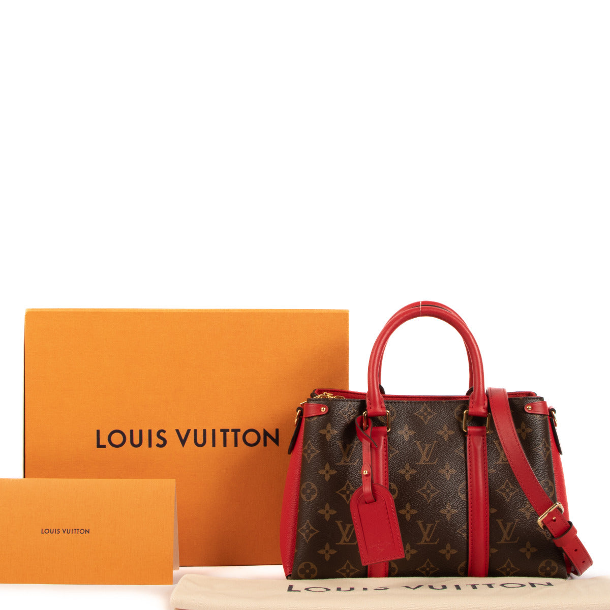 Louis Vuitton Soufflot BB Monogram Red Cerise Top Handle for the best price at Labellov secondhand luxury in Antwerp. We buy and sell your authentic designer bags.