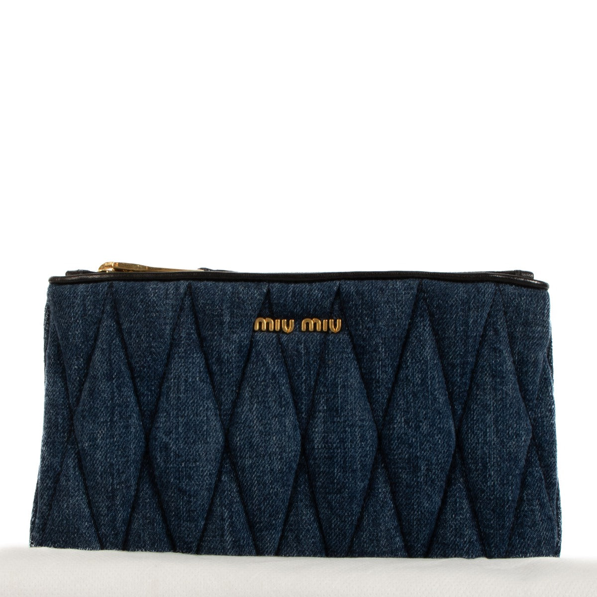 Shop safe online at Labellov in Antwerp, Brussels and Knokke this 100% authentic second hand Miu Miu Blue Denim Clutch