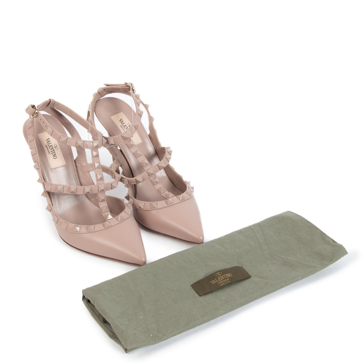 Shop safe online at Labellov in Antwerp, Brussels and Knokke these 100% authentic second hand Valentino Garavani Rockstud Taupe Cage Heels - size 38