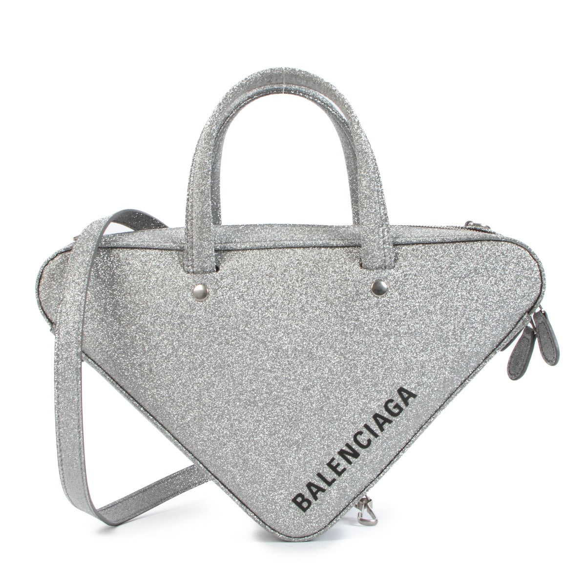 Second hand pre-owned Balenciaga Silver Glitter Triangle Duffle XS Bag