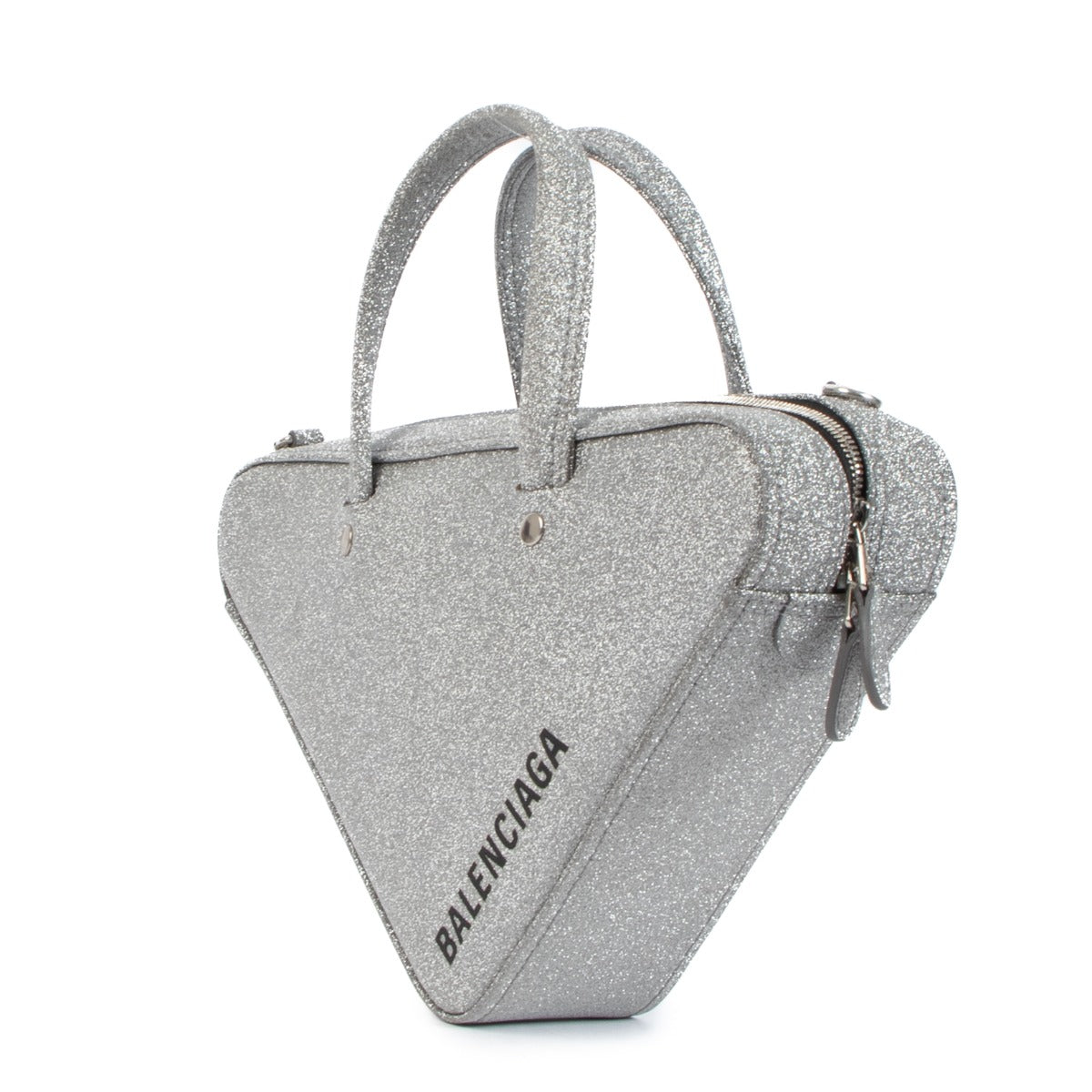 Second hand pre-owned Balenciaga Silver Glitter Triangle Duffle XS Bag