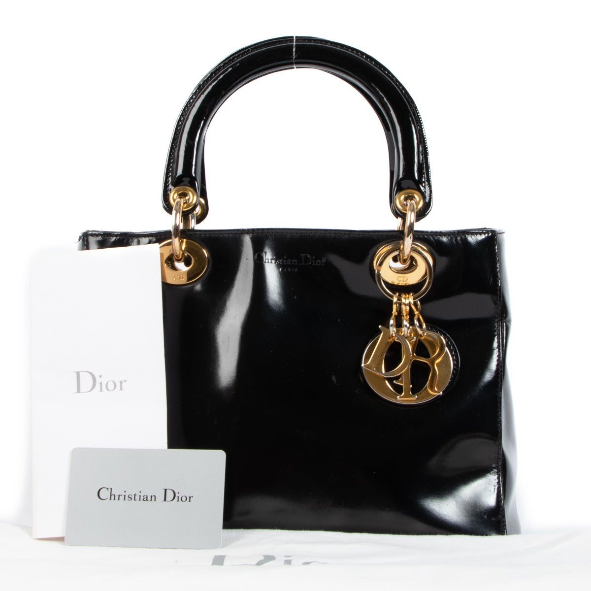 Sac Lady Dior moyen en cuir verni noir Christian Dior