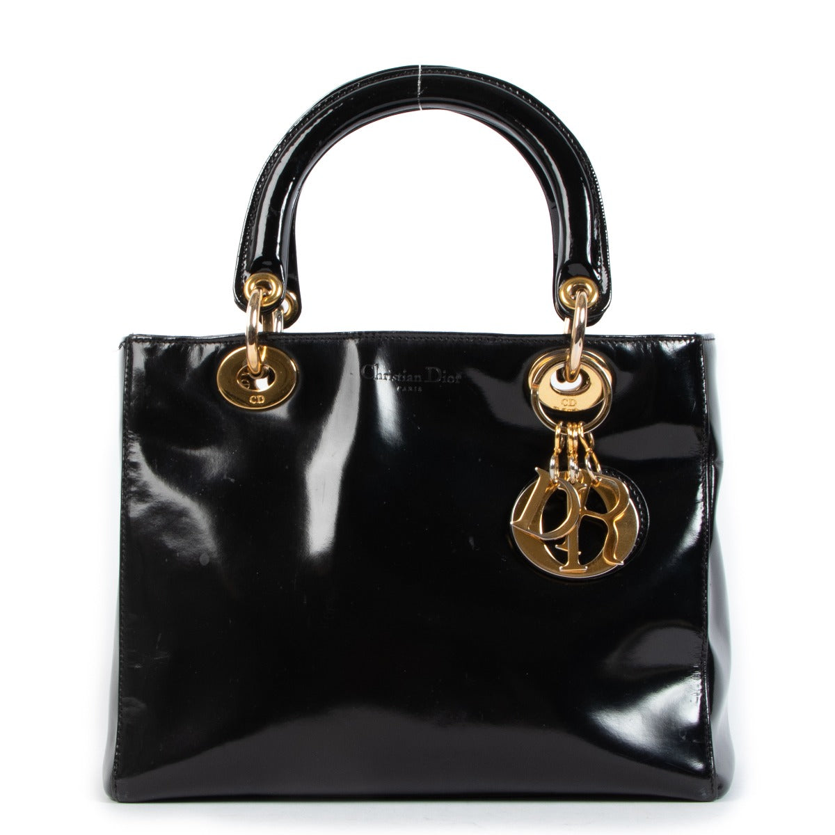 Sac Lady Dior moyen en cuir verni noir Christian Dior