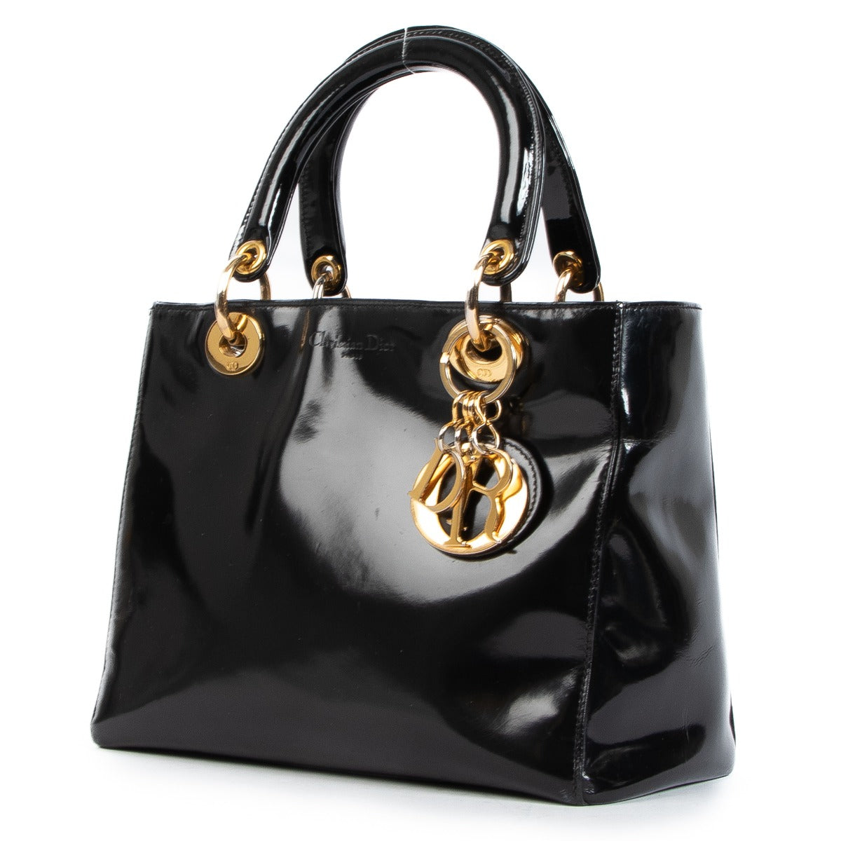 Sac Lady Dior moyen en cuir verni noir Christian Dior