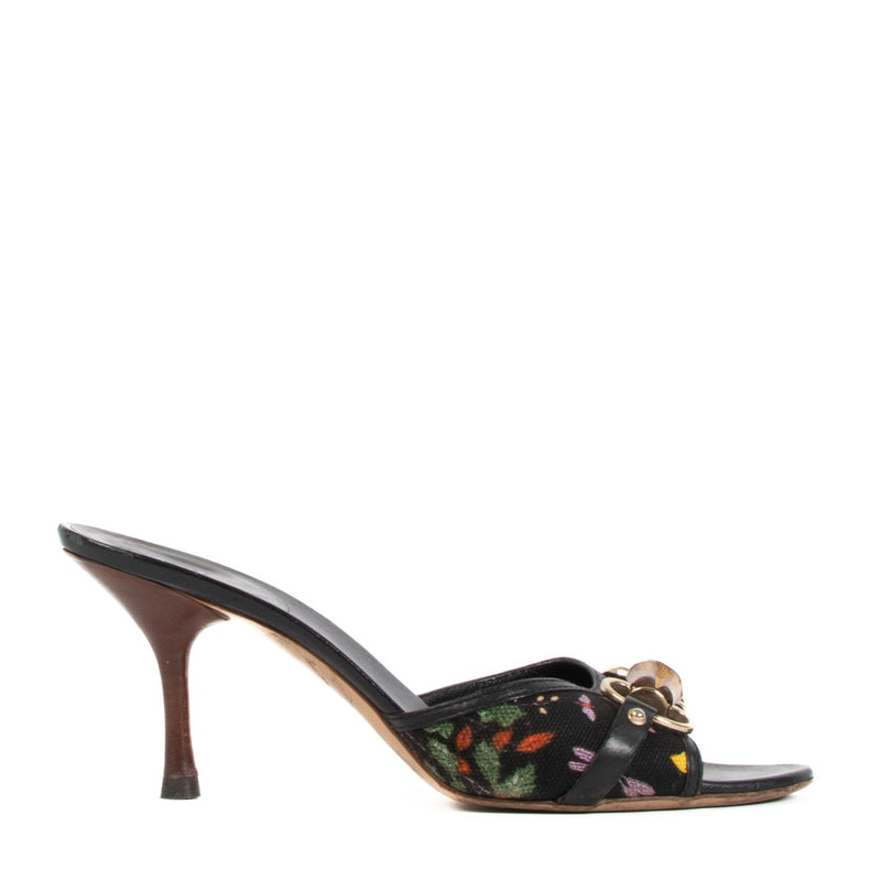 Gucci Black Flora Canvas Bamboo Mule Sandals