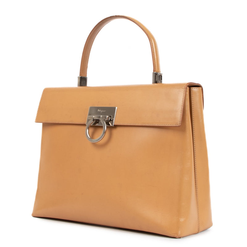 Ferragamo Beige Leather Medium Iconic Top Handle Bag