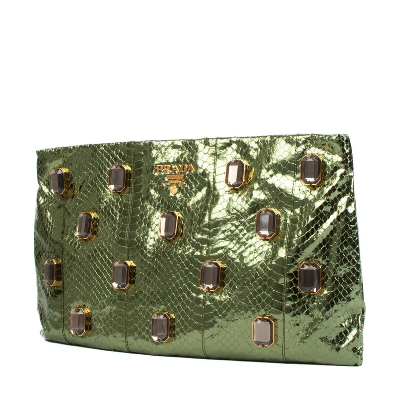 Prada Metallic Groene Slangenleer Effect Kristallen Clutch