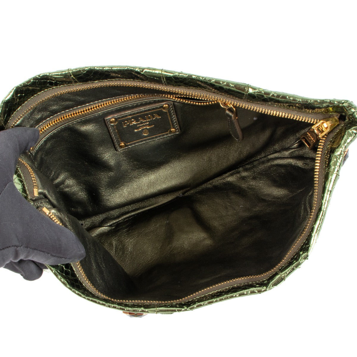 Prada Metallic Green Snakeskin Effect Crystal Embellished Clutch