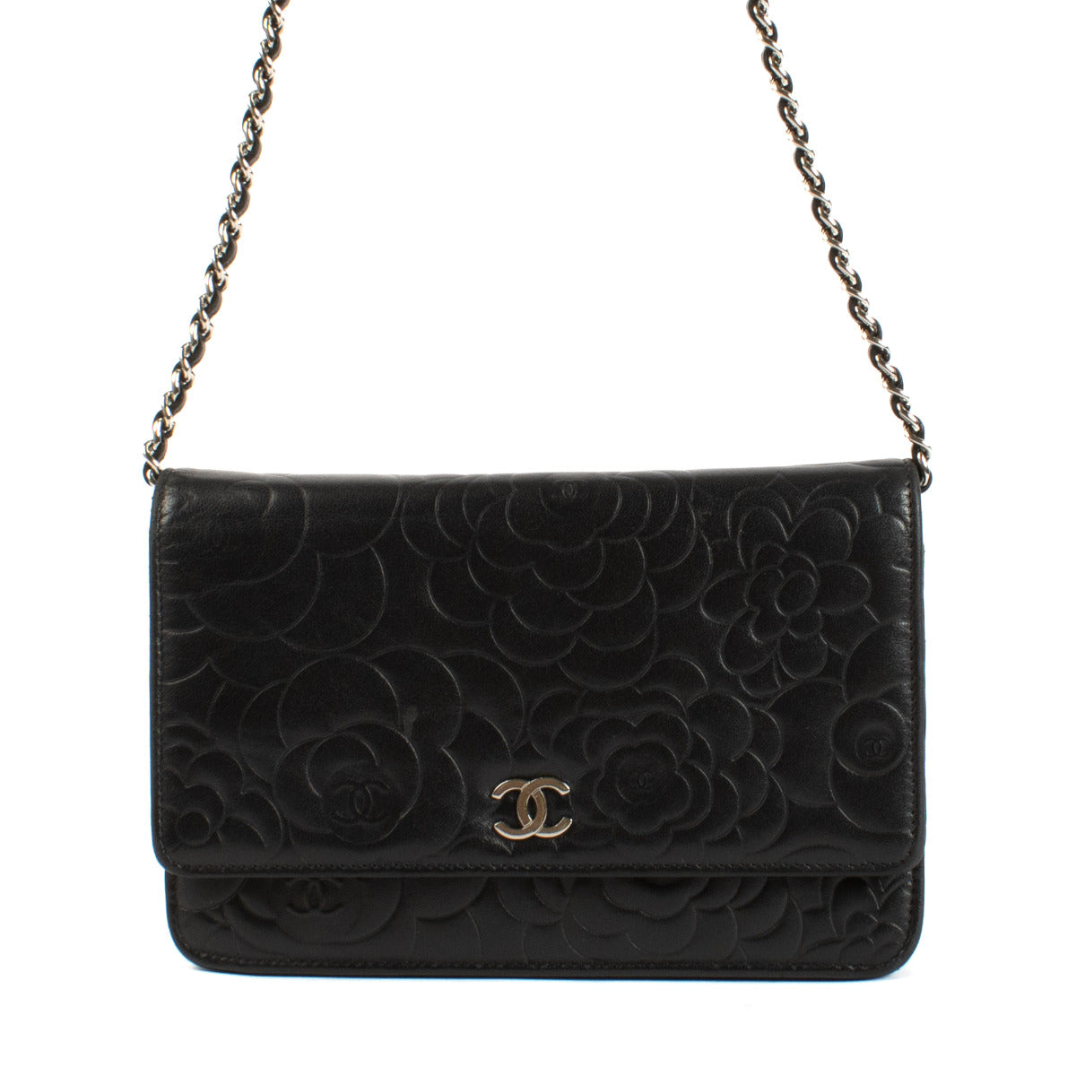 Portefeuille Chanel noir Camélia sur chaîne