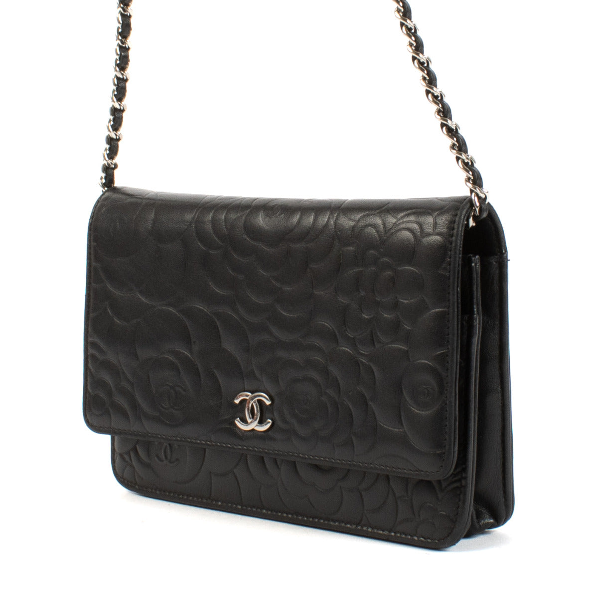 Portefeuille Chanel noir Camélia sur chaîne