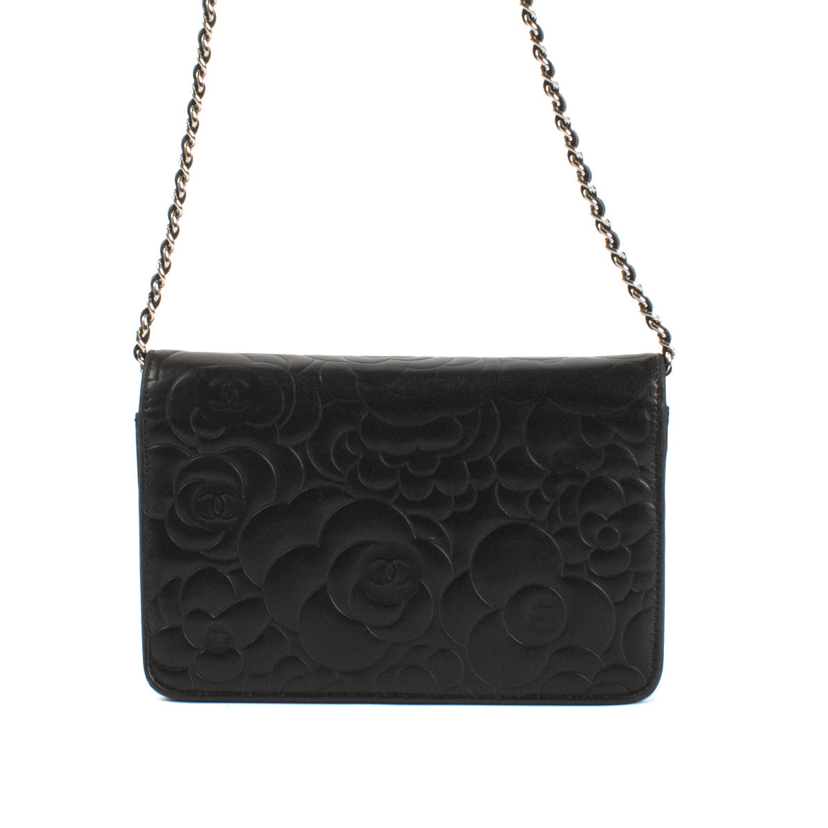 Portefeuille Chanel noir Camélia sur chaîne