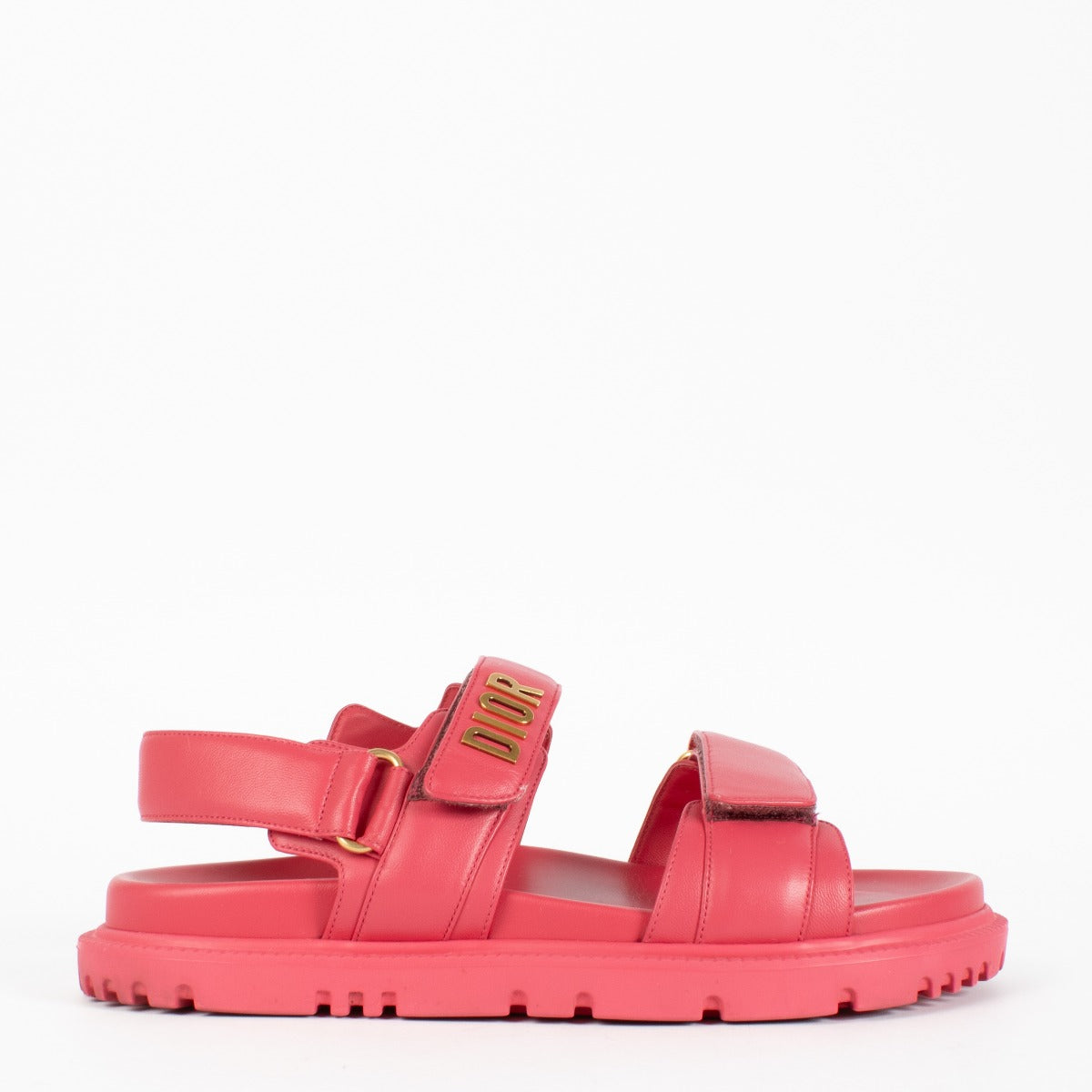 Dior DiorAct pink calfskin leather sandals with gold logo and adjustable straps at Labellov.com