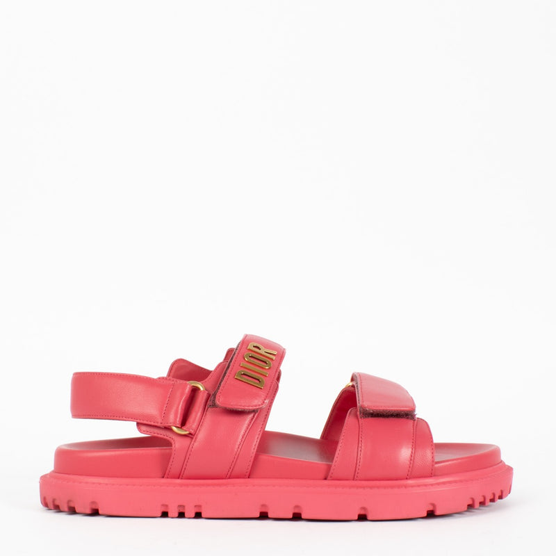 Dior DiorAct pink calfskin leather sandals with gold logo and adjustable straps at Labellov.com