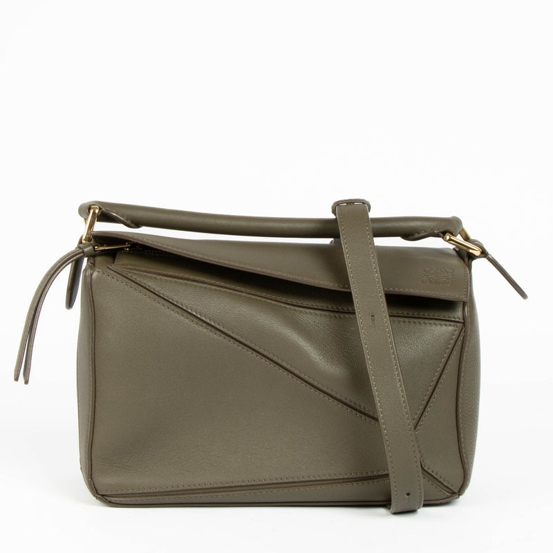 Shop this authentic Loewe Dark Khaki Calfskin Small Puzzle Bag pre-loved on Labellov.com