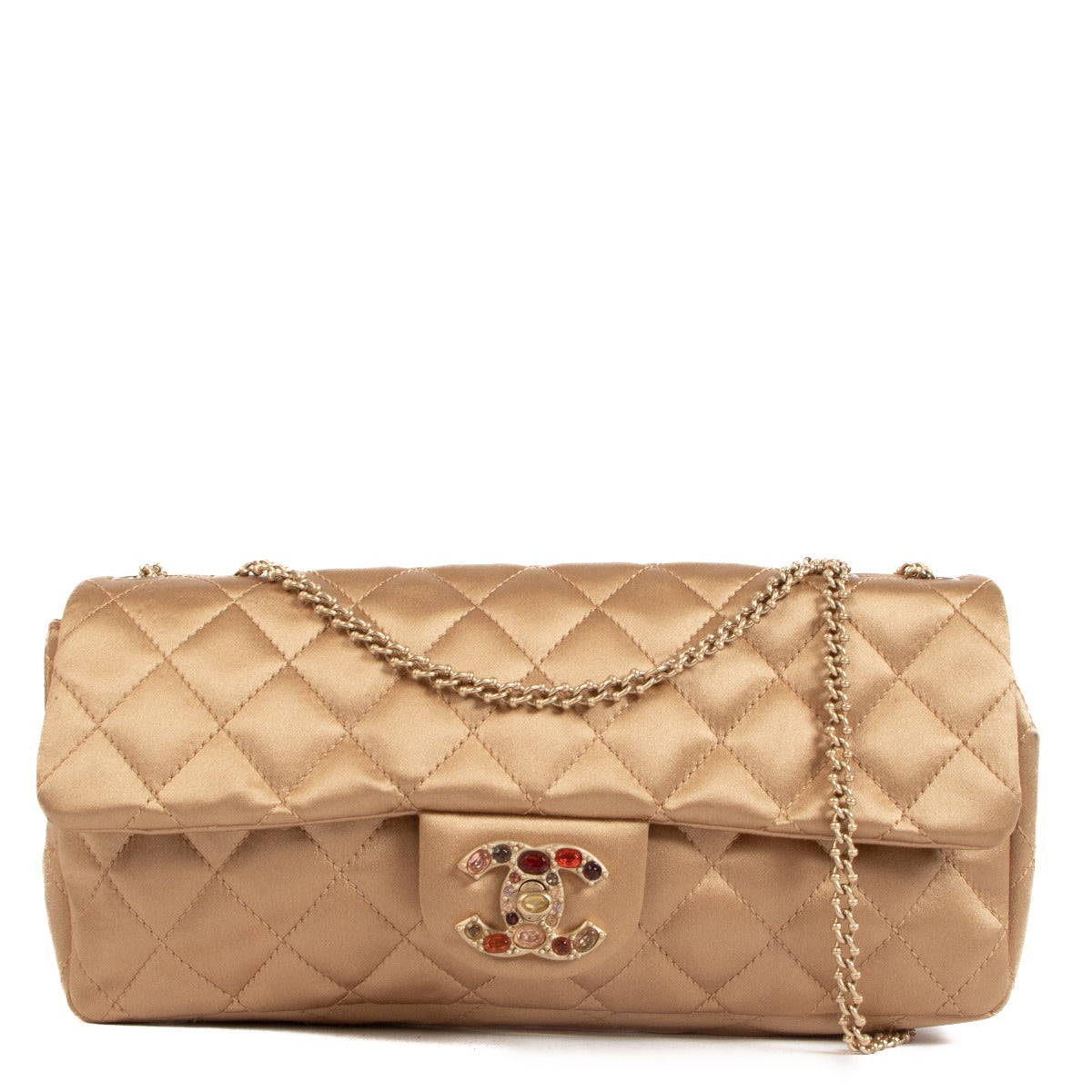 Chanel Beige Satin Jewelled CC Clutch With Chain
