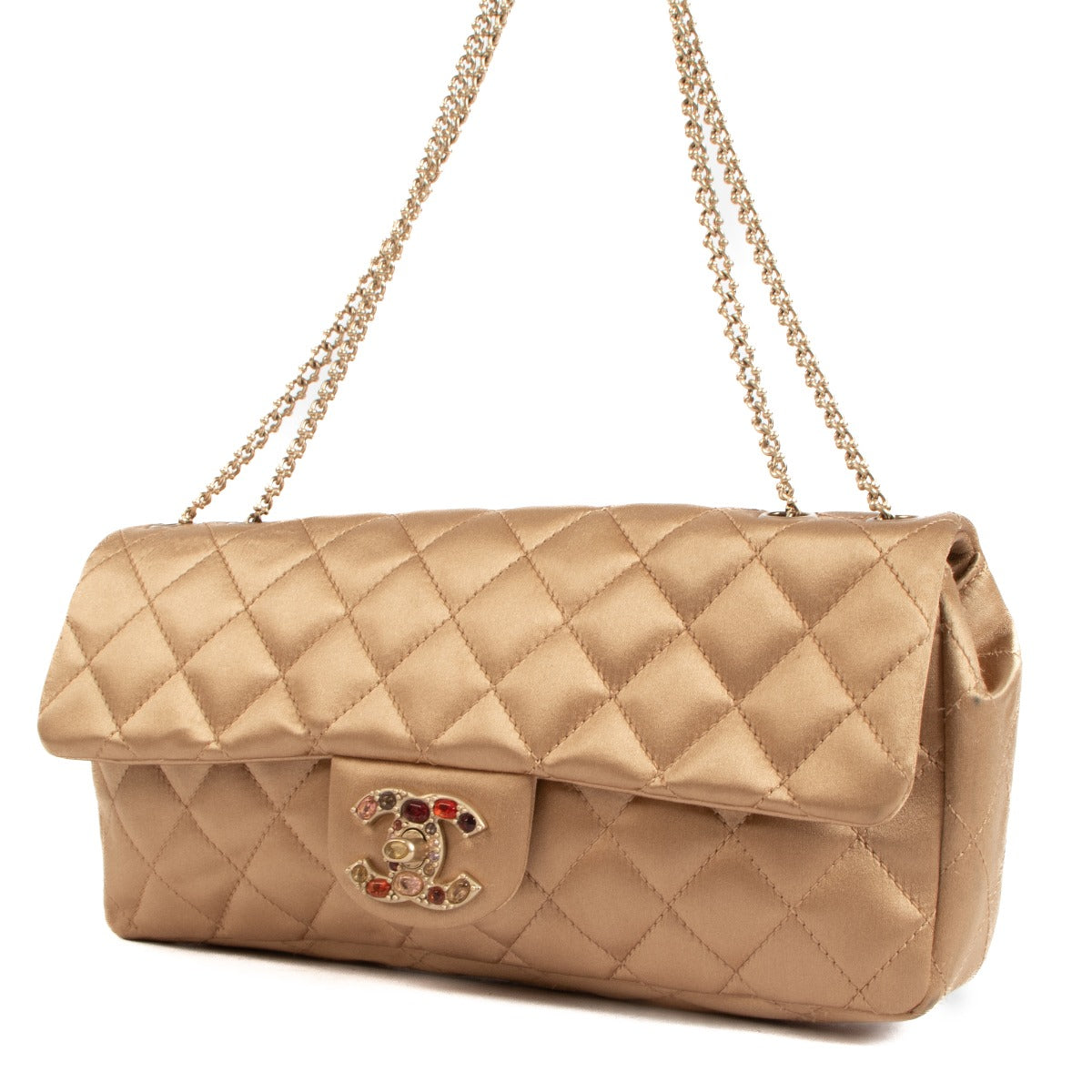 Chanel Beige Satin Jewelled CC Clutch With Chain