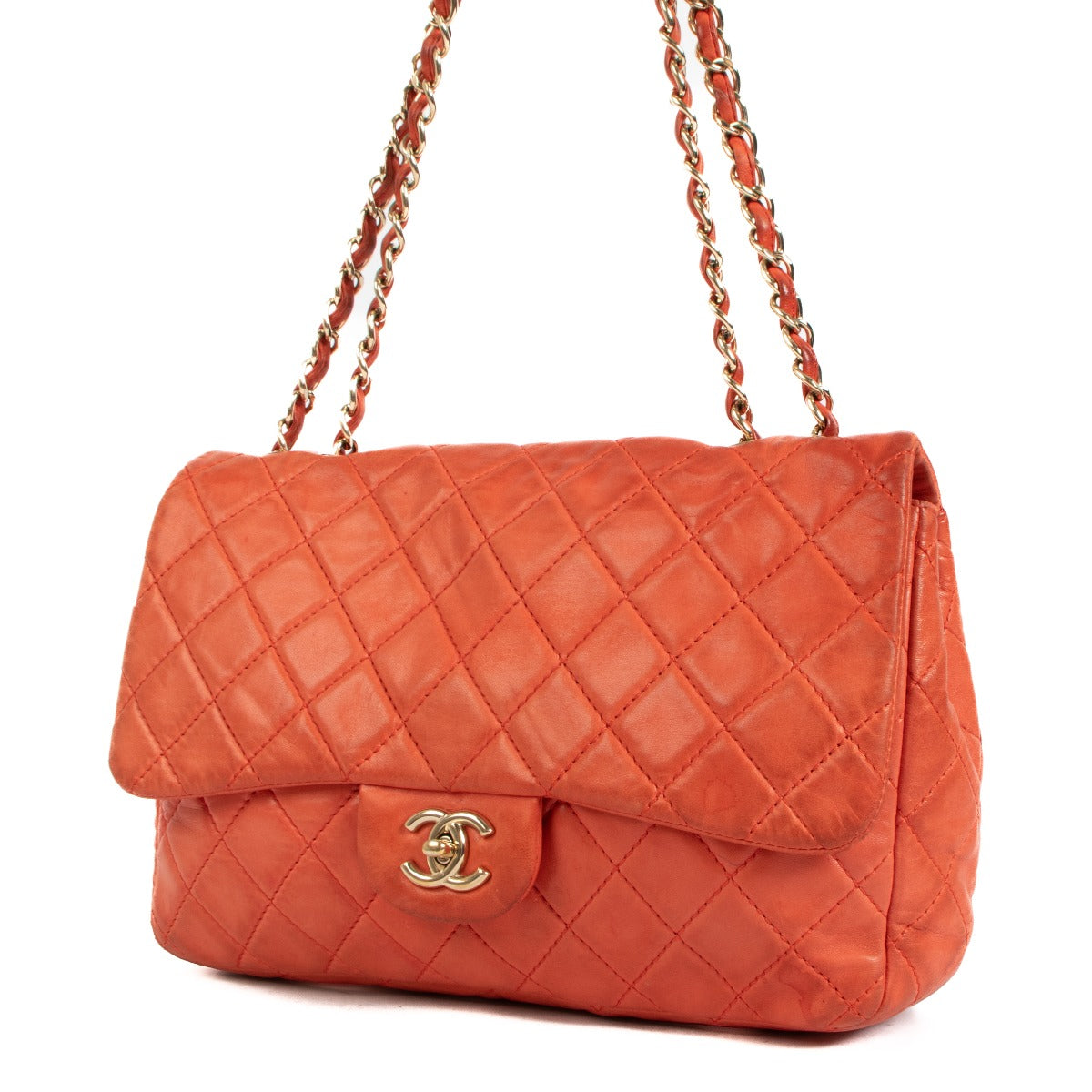 Chanel Coral Red Large Lambskin Leather Classic Single Flap Bag for the best price at Labellov secondhand luxury in Antwerp.
