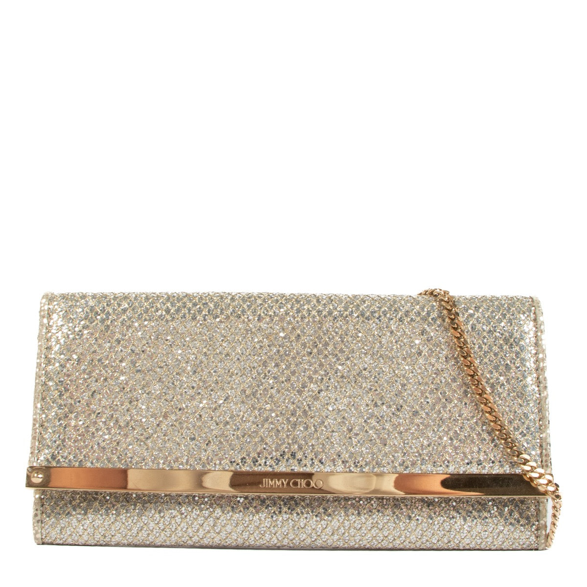 Shop safe online at Labellov in Antwerp, Brussels and Knokke these 100% authentic second hand Jimmy Choo Milla Glitter Clutch