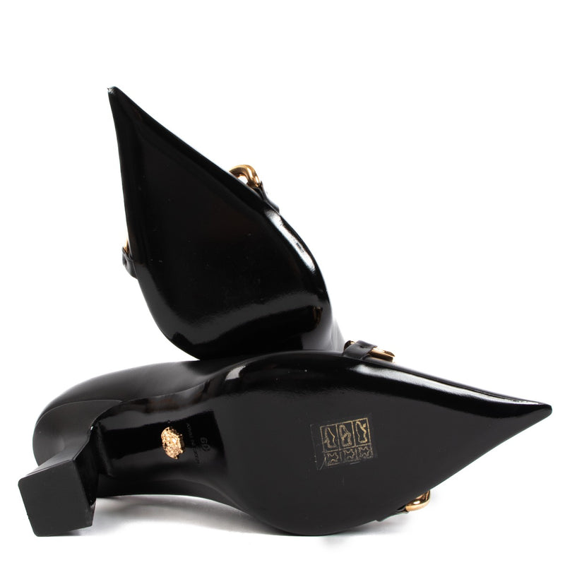 shop authentic second hand Versace Medusa Embellished Black Chain Pumps - Size 39 on Labellov.com