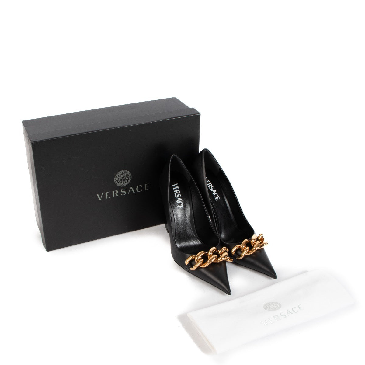 shop authentic second hand Versace Medusa Embellished Black Chain Pumps - Size 39 on Labellov.com