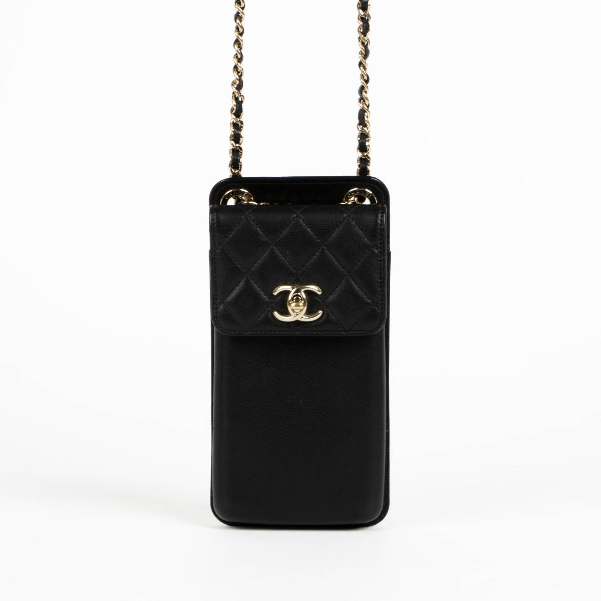 Authentic pre-loved Chanel Black Lambskin Phone Pouch Crossbody Bag on Labellov.com
