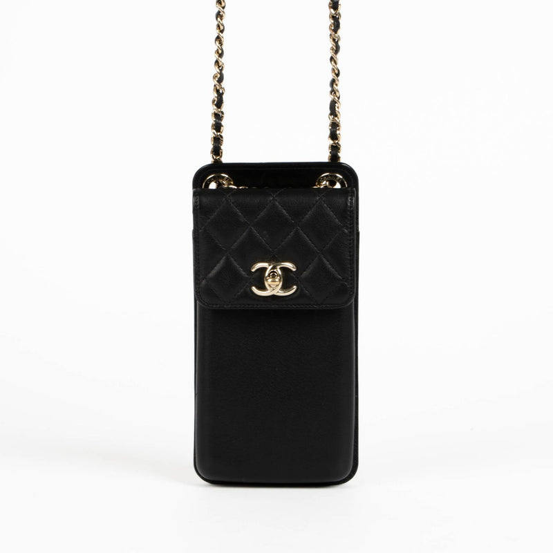 Authentic pre-loved Chanel Black Lambskin Phone Pouch Crossbody Bag on Labellov.com