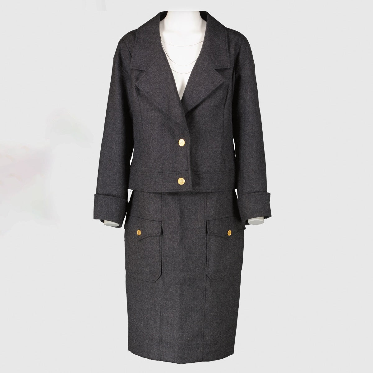 Authentic preloved Chanel 1980s Grey Jacket/Skirt Set - Size FR40 on Labellove.com
