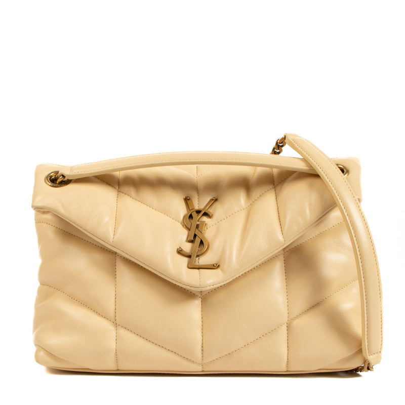 Saint Laurent Light Vanilla Small Puffer Chain Bag for the best price at Labellov secondhand luxury in Antwerp.