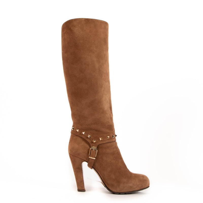 Valentino Rockstud Camel Suede Knee High Boots