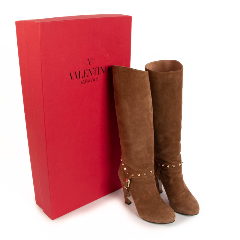 Valentino Rockstud Camel Suede Knee High Boots