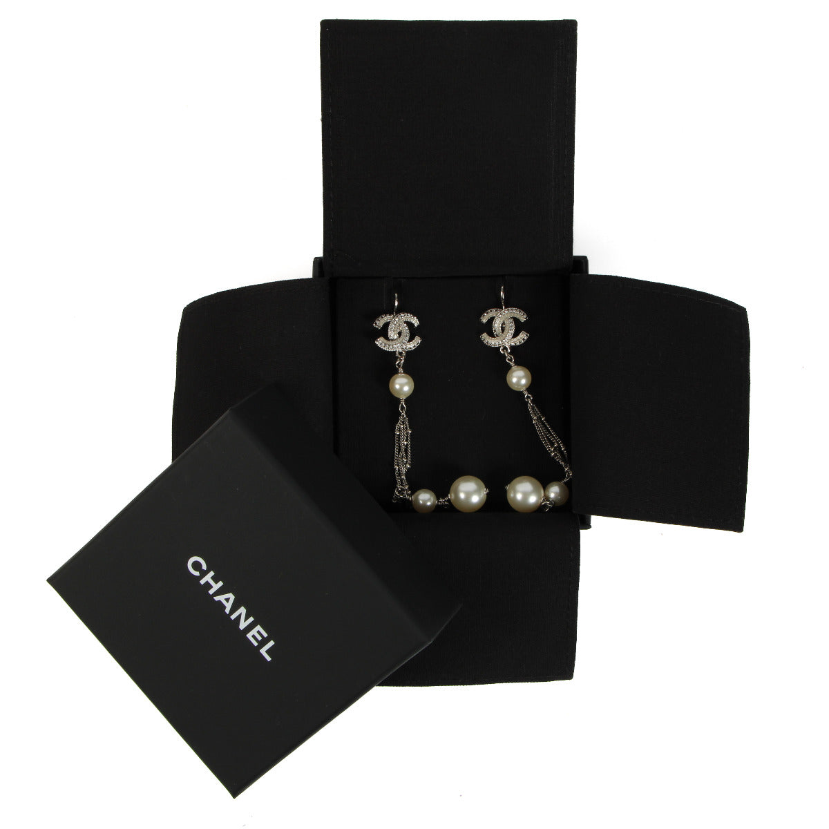 Chanel Silver Crystal Pearl Drop Earrings