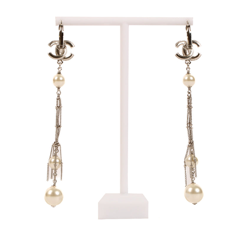 Chanel Silver Crystal Pearl Drop Earrings