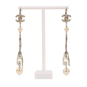 Chanel Silver Crystal Pearl Drop Earrings