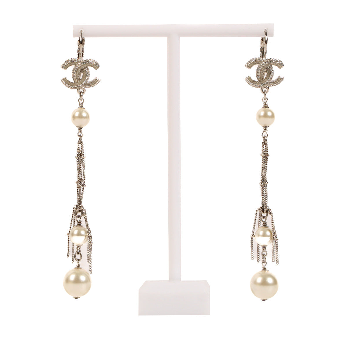 Chanel Silver Crystal Pearl Drop Earrings