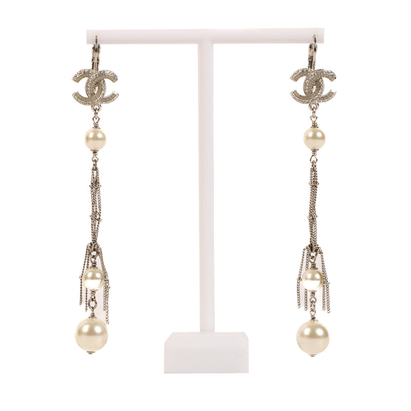 Chanel Silver Crystal Pearl Drop Earrings