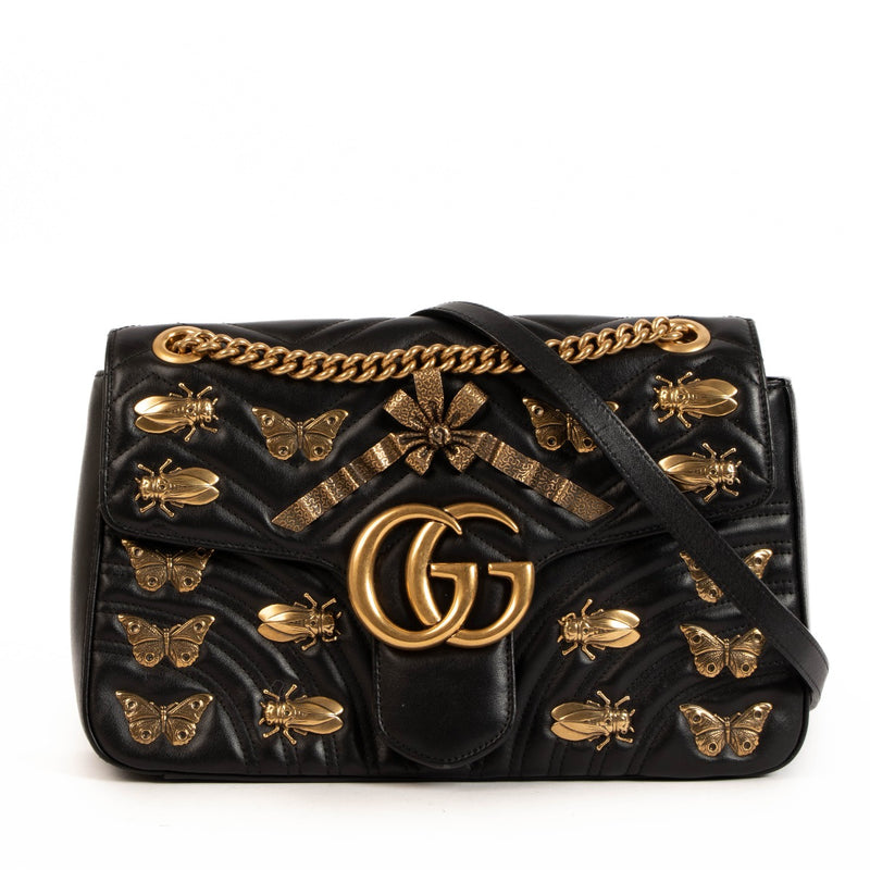 Gucci GG Marmont Medium Bug Insect Black Matelassé Bag