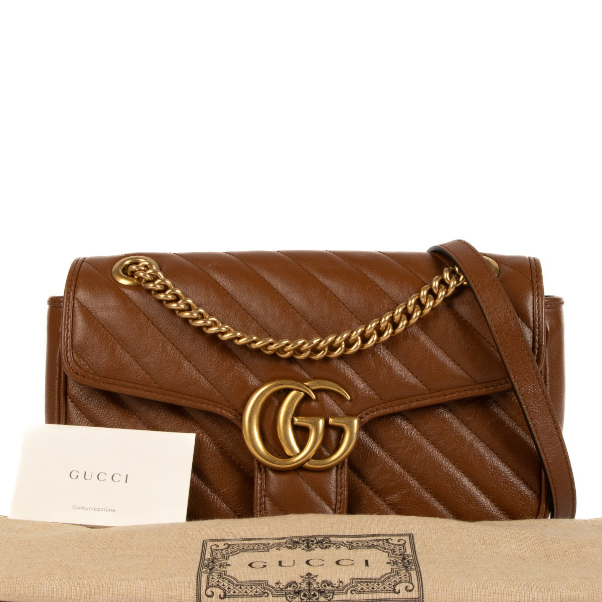 Shop safe online at Labellov in Antwerp, Brussel and Knokke this 100% authentic second hand Gucci Brown Matelassé Small Marmont Shoulder Bag